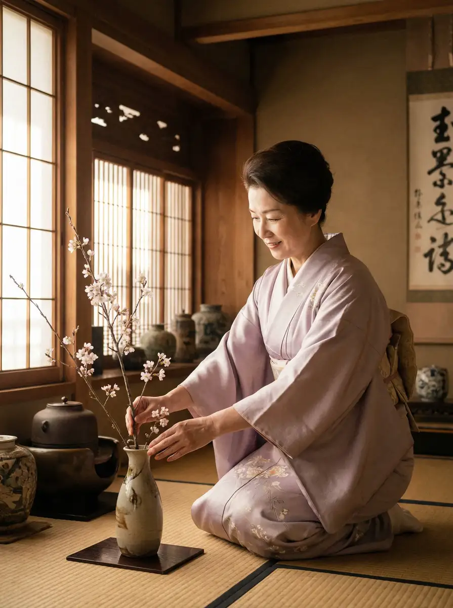一位优雅的 换妻视频 在和室中插花